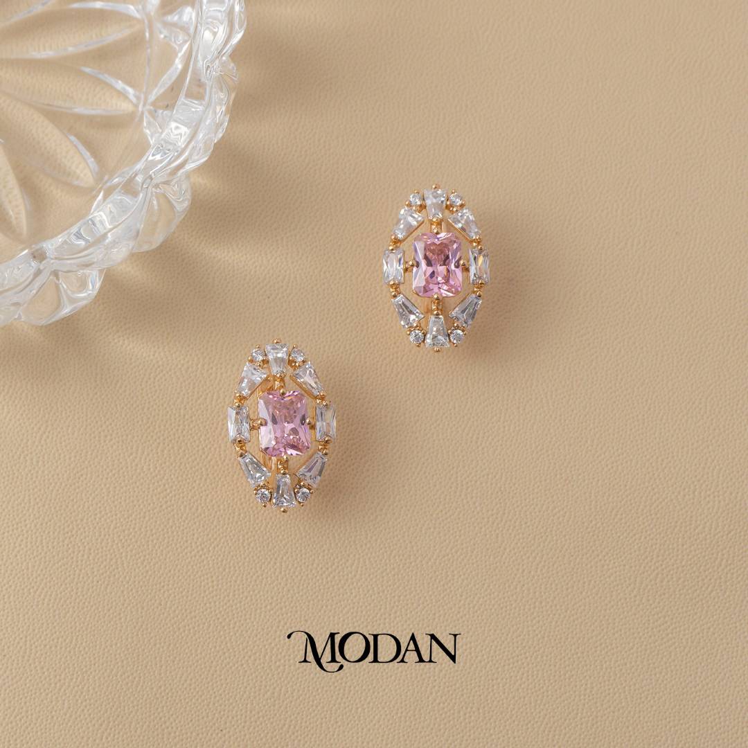 Sparkling Sapphire and Pink Quartz Baguette Hoop Earrings Anting Pesta Hypoallergenic Gold Plated