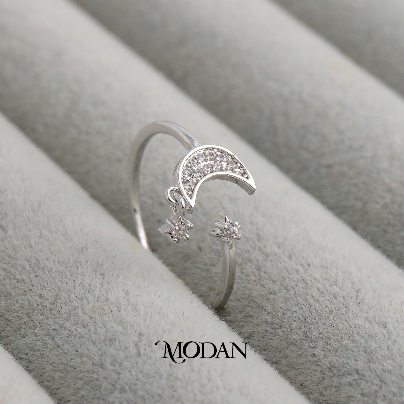 Celestial Moon Dangle Star Ring Cincin Luxe Bulan Bintang Hypoallergenic Triple White Gold Filled