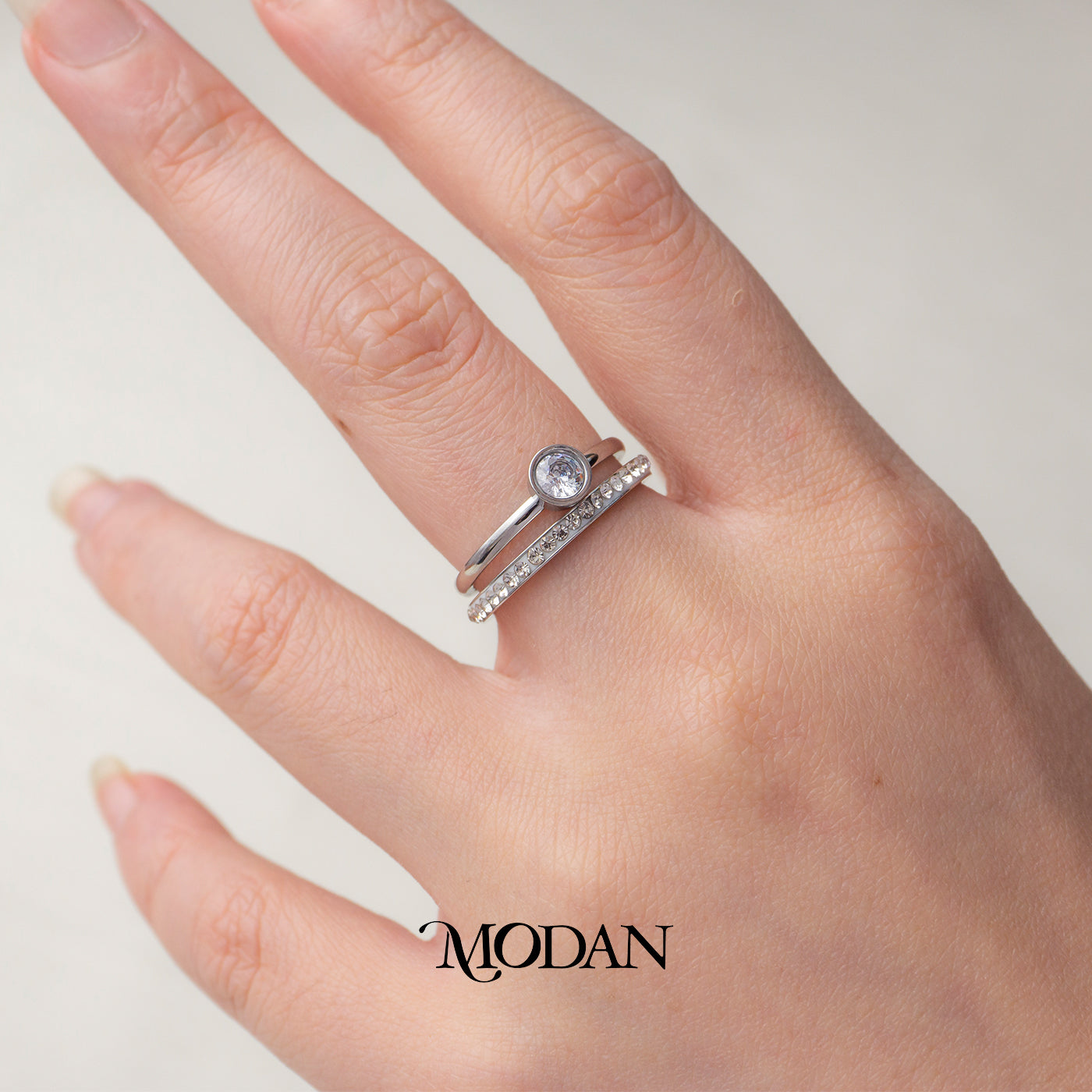 Bezel Solitaire Double Layer Ring Cincin Tumpuk Bulat Hypoallergenic Stainless Steel