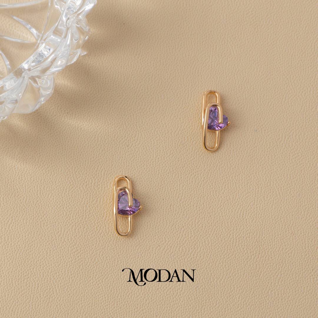 (15mm) Purple and Pink Heart Paperclip Stud Earrings Anting Hati Hypoallergenic Gold Plated