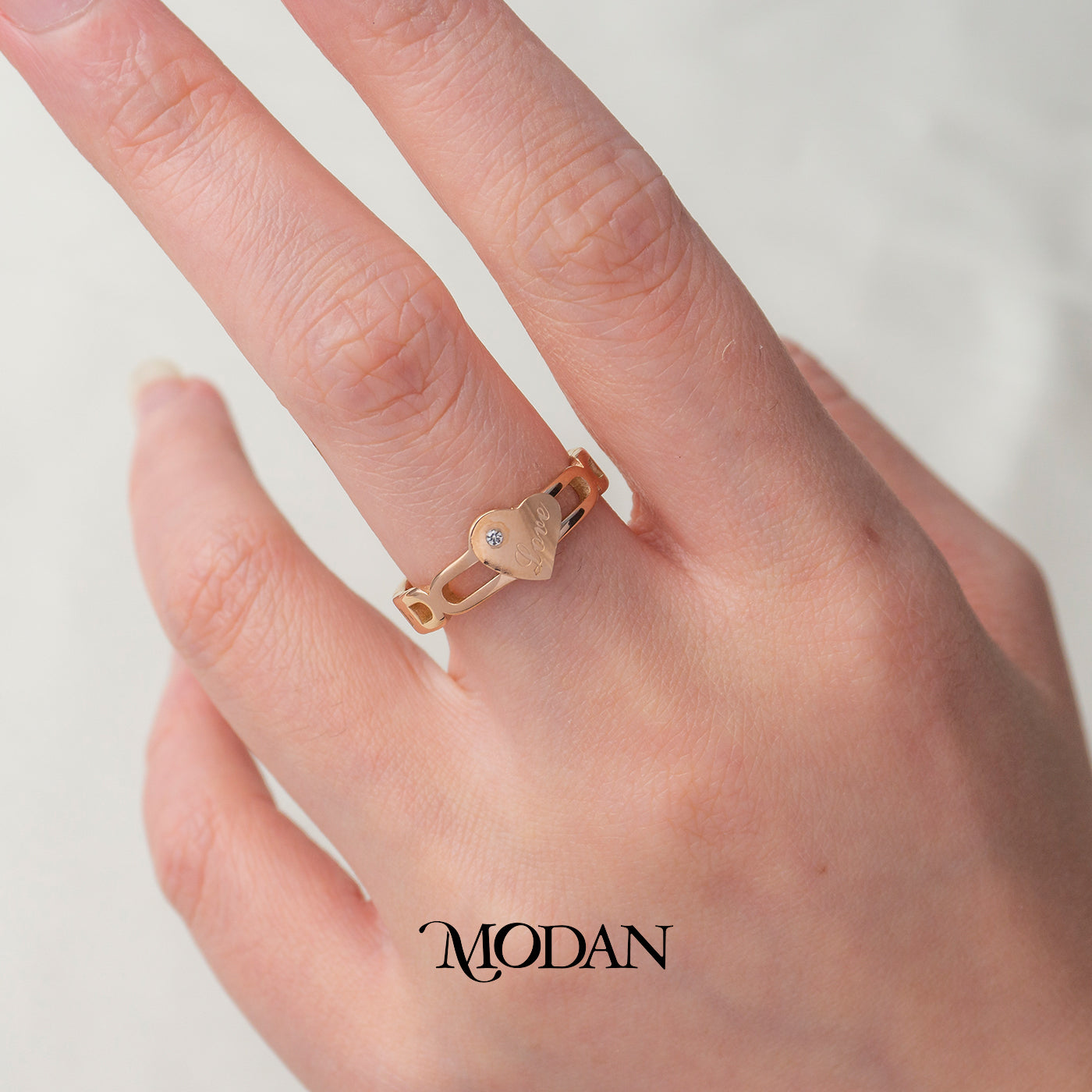 Engraved Love Heart Chain Link Ring Cincin Rantai Motif Ukir Hati Hypoallergenic Stainless Steel