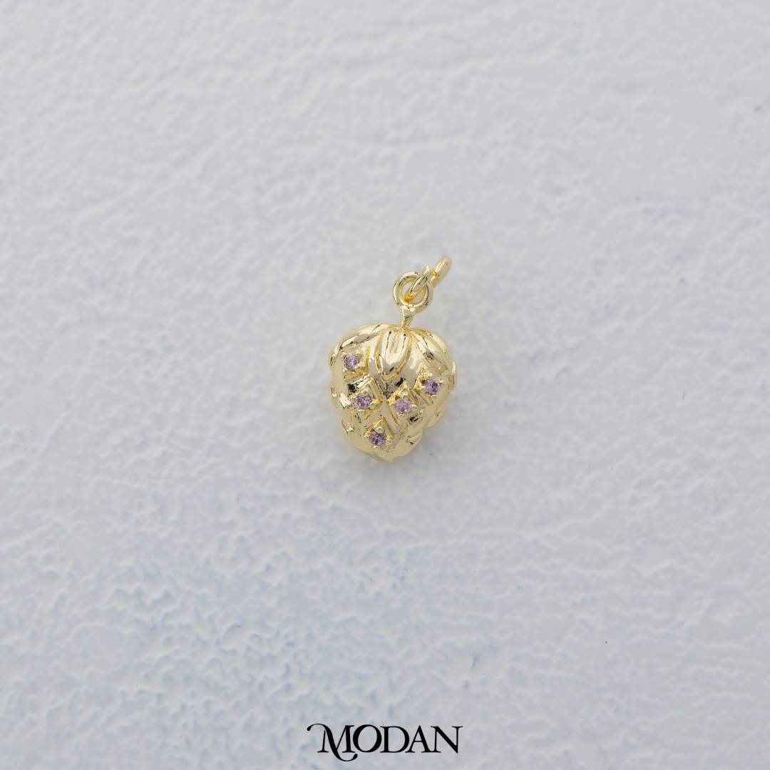 Golden Strawberry Pink Zirconia Charm DIY Charm Liontin Buah Stroberi Hypoallergenic Gold Filled