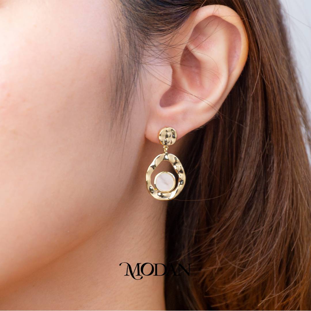 Round Mother of Pearl Hammered Teardrop Stud Earrings Anting Tetes Air Mata Hypoallergenic Gold Filled