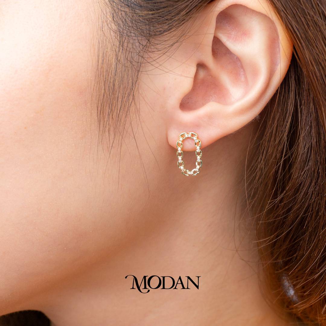(15mm) Sparkling Oval Link Drop Stud Earrings Anting Tusuk Oval Hypoallergenic Gold Plated