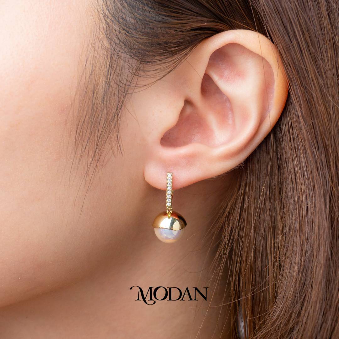 (24mm) Micro Pave Zirconia Shell Pearl Drop Hoop Earrings Anting Elegan Hypoallergenic Gold Plated