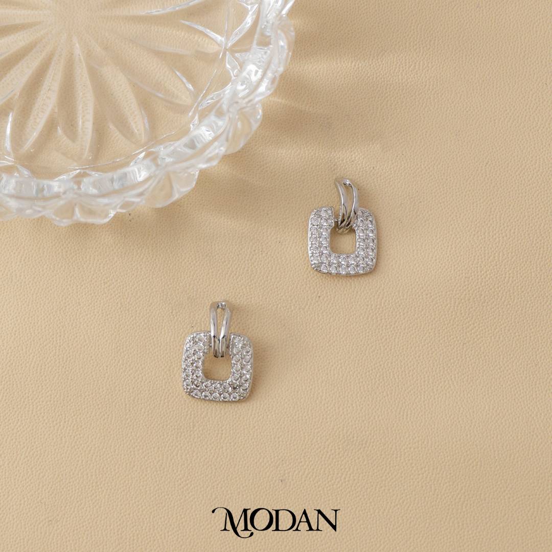 (18mm) Micro Paved Square Drop Stud Earrings Anting Tusuk Kotak Hypoallergenic Gold Plated