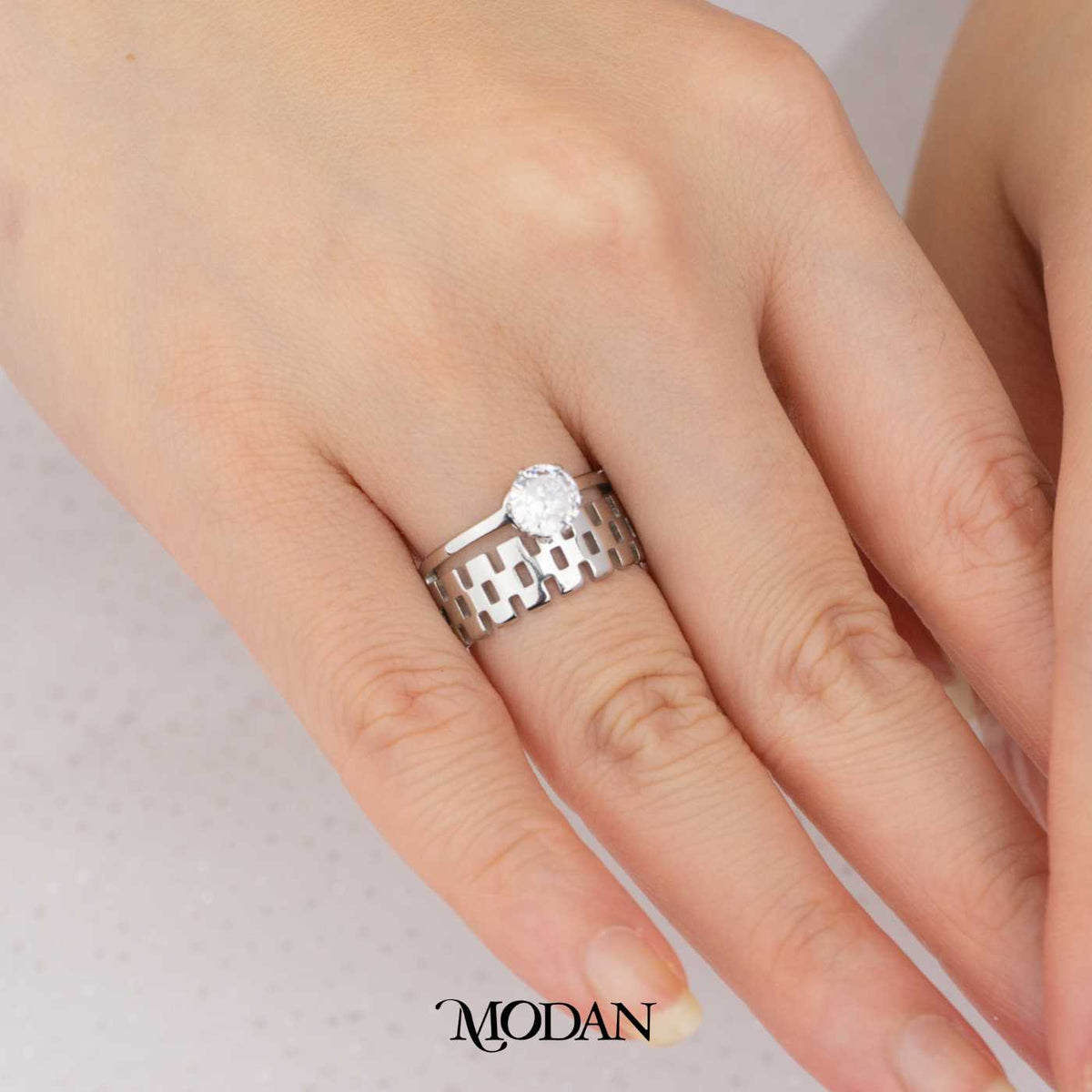 Statement Geometrical Shape Double Layer Solitaire Titanium Ring Cincin Mata Satu Hypoallergenic Stainless Steel