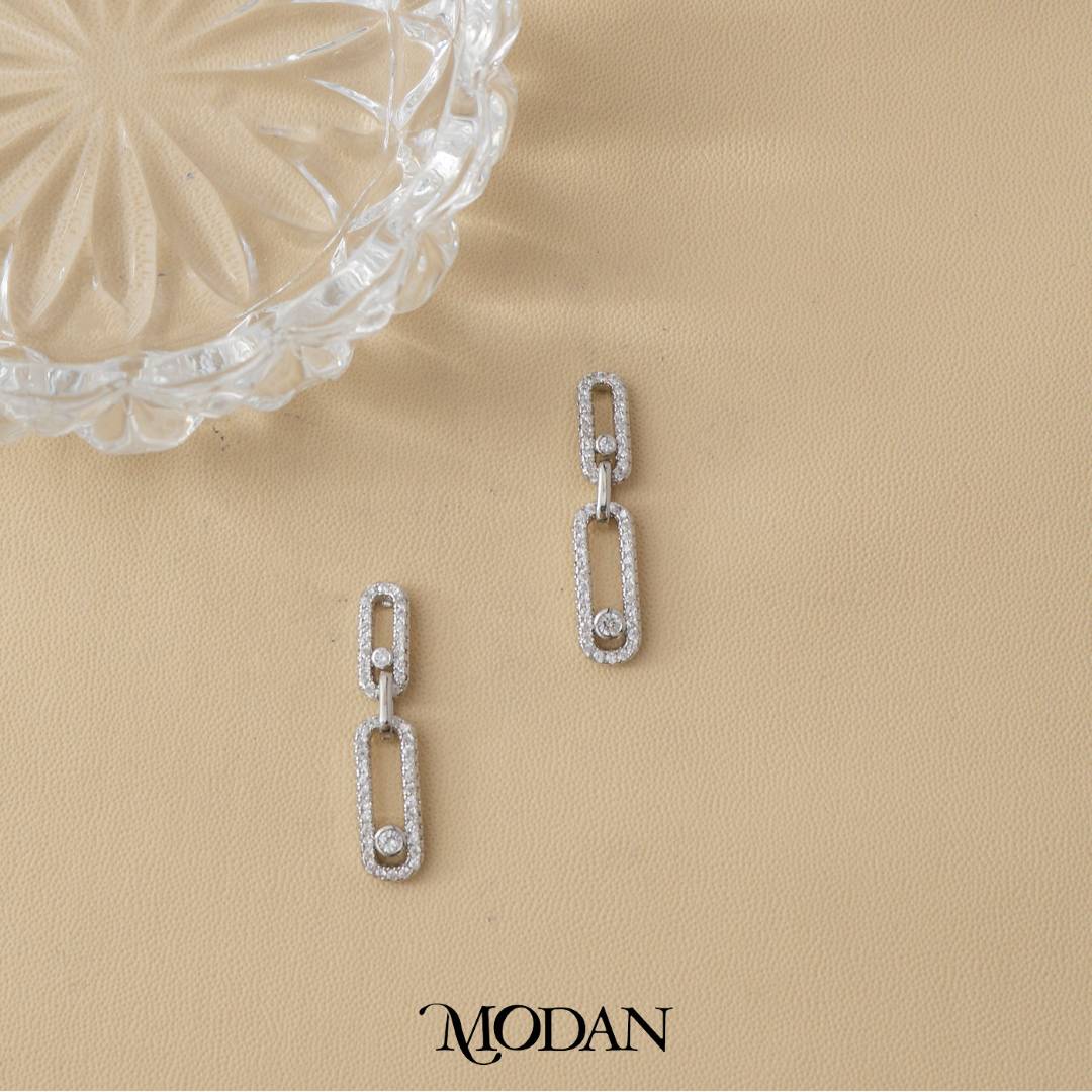 (30mm) Bridal Micro Paved Zirconia Link Drop Stud Earrings Anting Pesta Hypoallergenic Gold Plated