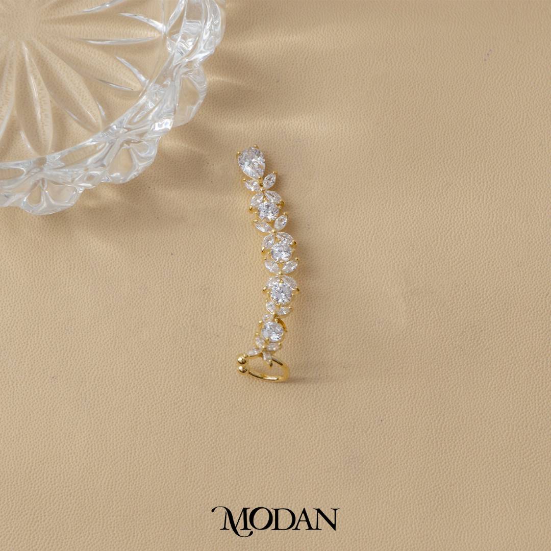 (45mm)(Right) Sparkling Zirconia Bridal Flower Earcuff Earring Hypoallergenic Gold Plated