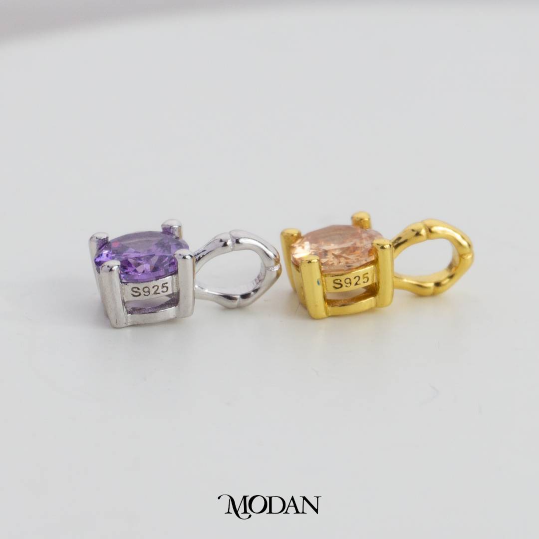 Purple and Champagne Mini Solitaire Charm DIY Charm Liontin Kalung Mata Satu Silver Hypoallergenic S925