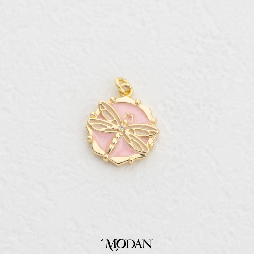 Dragonfly Enamel Round DIY Charm Liontin Bunga Mawar Hypoallergenic Gold Filled