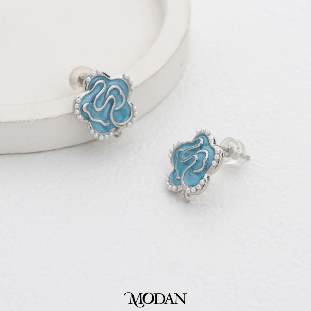Blue Enamel Flower Stud Earrings Findings Pengait Anting Tusuk Bunga Biru Unfinished Hypoallergenic Gold Plated