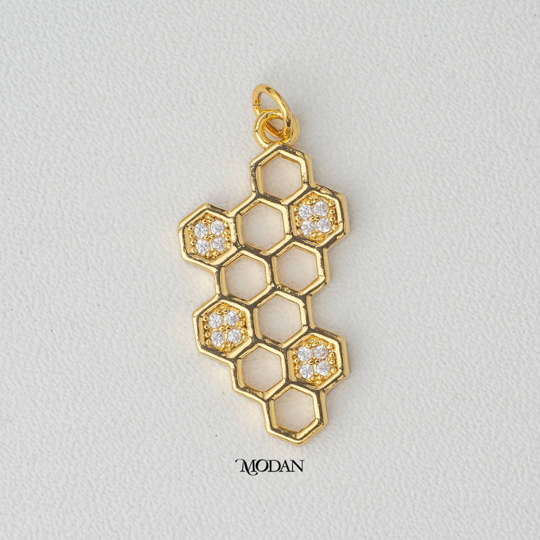 Open Back Golden Honeycomb Honey Bee DIY Charm Liontin Sarang Lebah Berlian Hypoallergenic Gold Filled