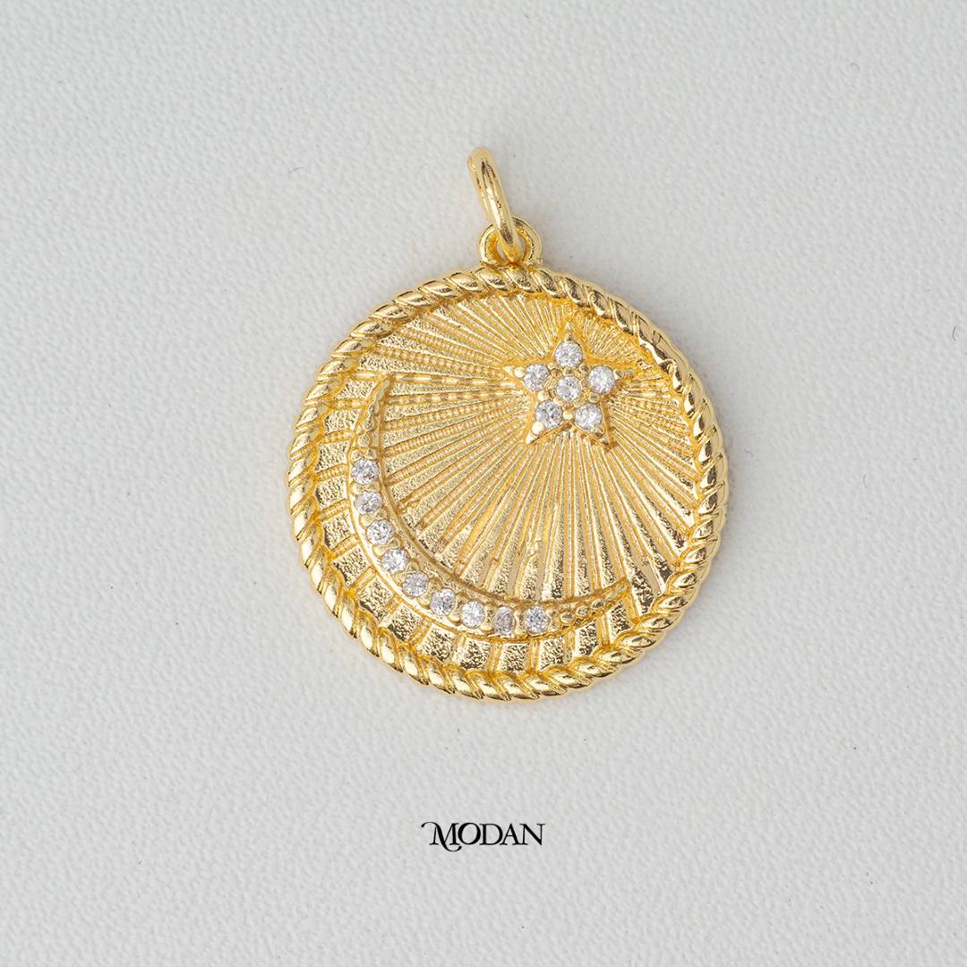 Sun Rays Moon and Star Coin DIY Charm Liontin Bulan Bintang Bentuk Koin Bertekstur Hypoallergenic Gold Filled