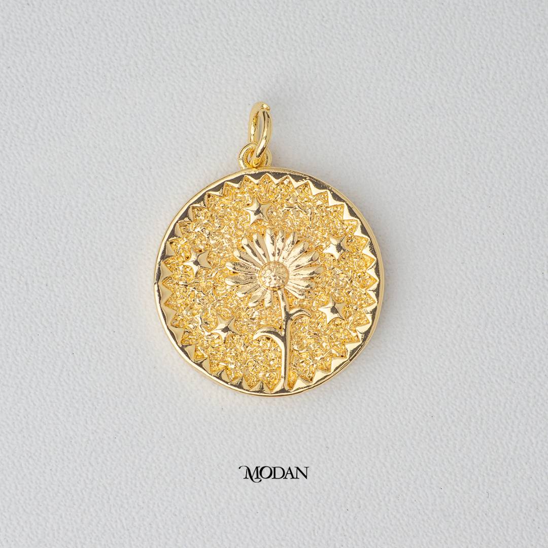 Golden Wild Flower Medallion Coin DIY Charm Liontin Bunga Bulat Artistik Hypoallergenic Gold Filled