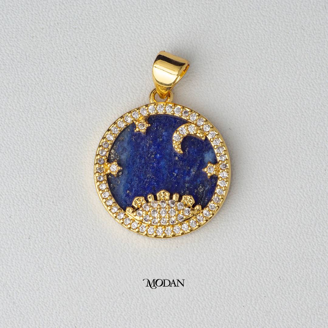 Stunning Celestial Night Blue Lapis Lazuli Golden Round Medallion Pendant DIY Liontin Bandul Biru Hypoallergenic Gold Plated