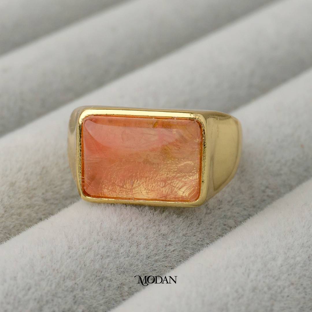 Peach Rectangle Statement Adjustable Ring Cincin Persegi panjang Adjustable Hypoallergenic Gold Plated