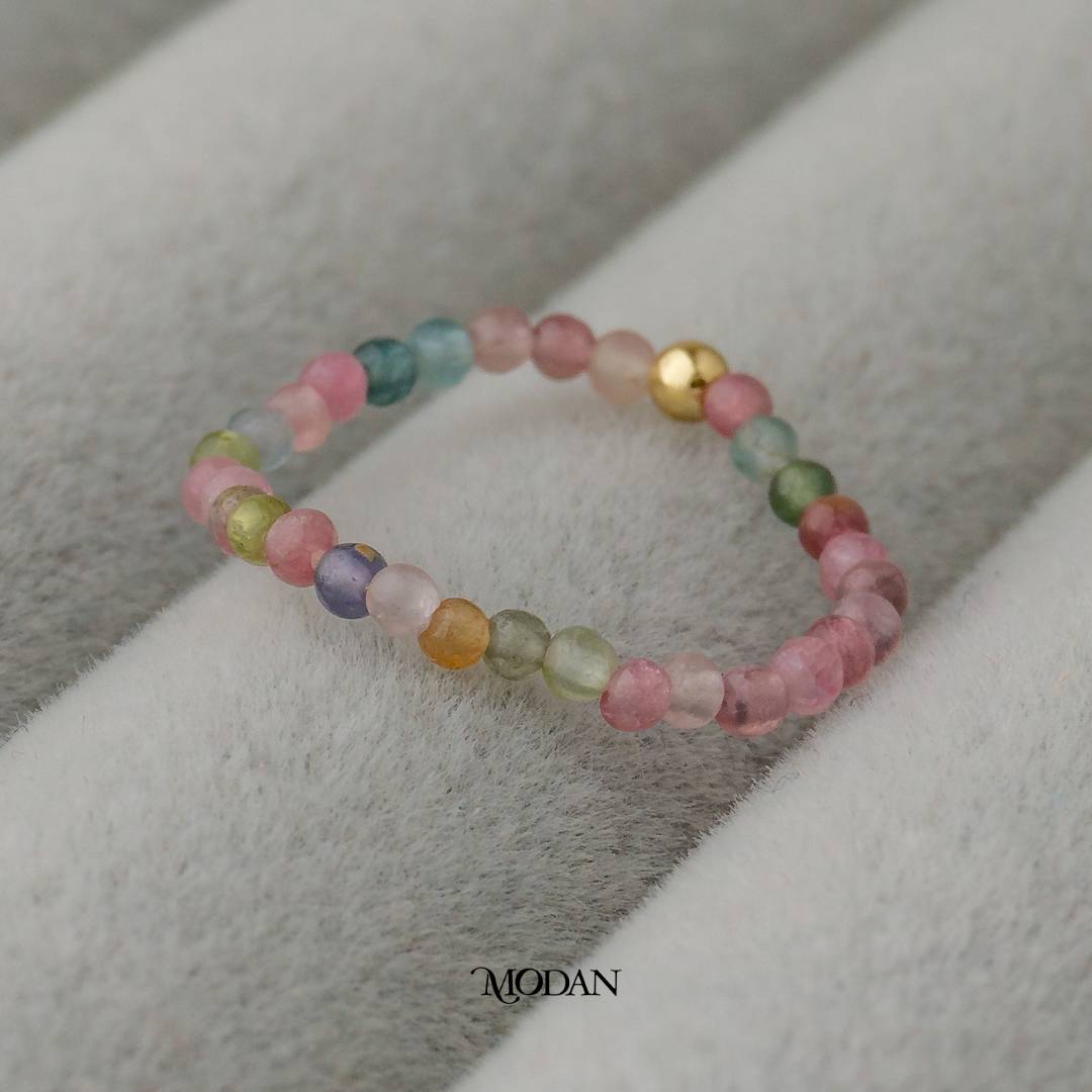 Green And Pink Tourmaline Crystal Beads Ring Cincin Kristal Hijau Dan Merah Muda Hypoallergenic Gold Plated