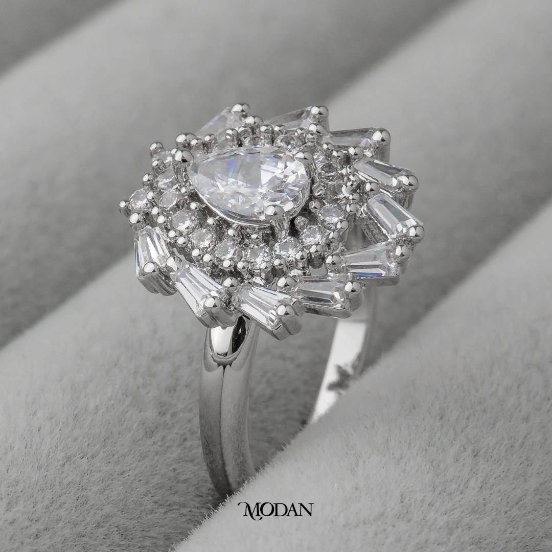 Pear Cut Sunburst Vintage Wedding Ring Cincin Tetes Air Hypoallergenic Gold Plated