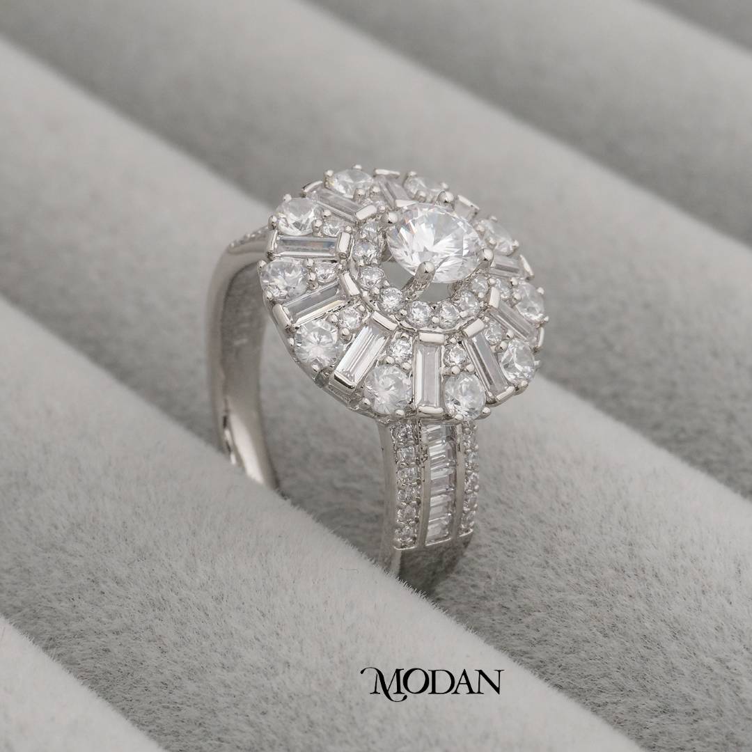 Baguette Sunburst Ring Cincin Bentuk Pancaran Sinar Matahari Hypoallergenic Gold Plated