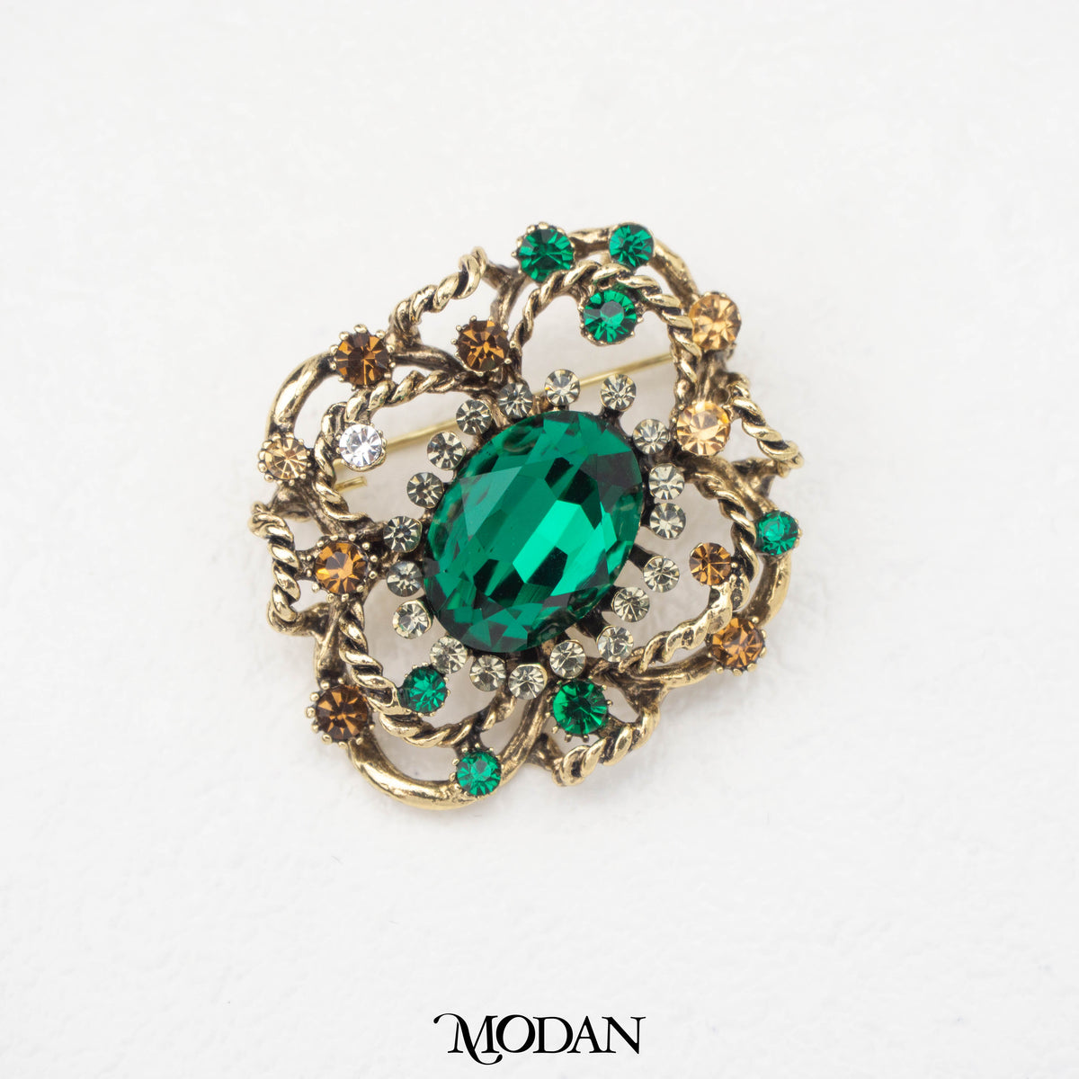 Vintage Flower Green Emerald Brooch Bros Bunga Hijau Hypoallergenic Gold Plated