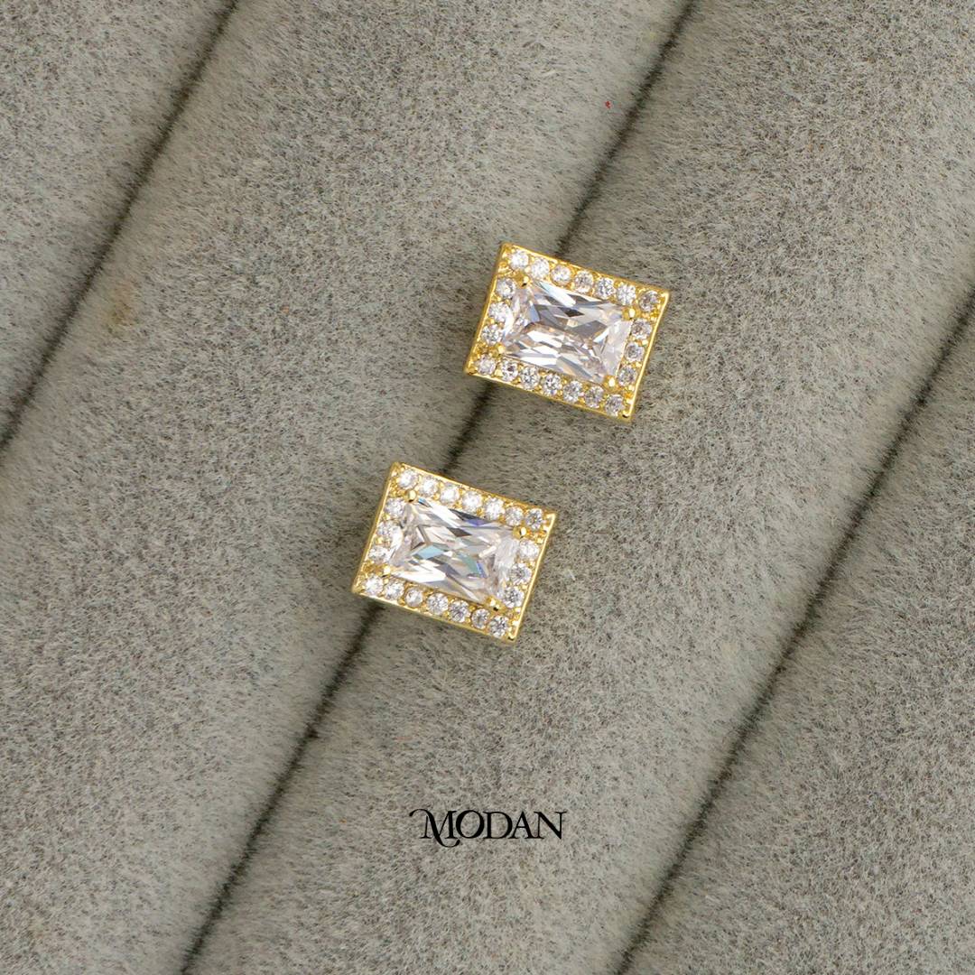 (10mm) Sparkling Micro Paved Geometric Rectangle Stud Earrings Anting Tusuk Persegi Panjang Hypoallergenic Gold Plated