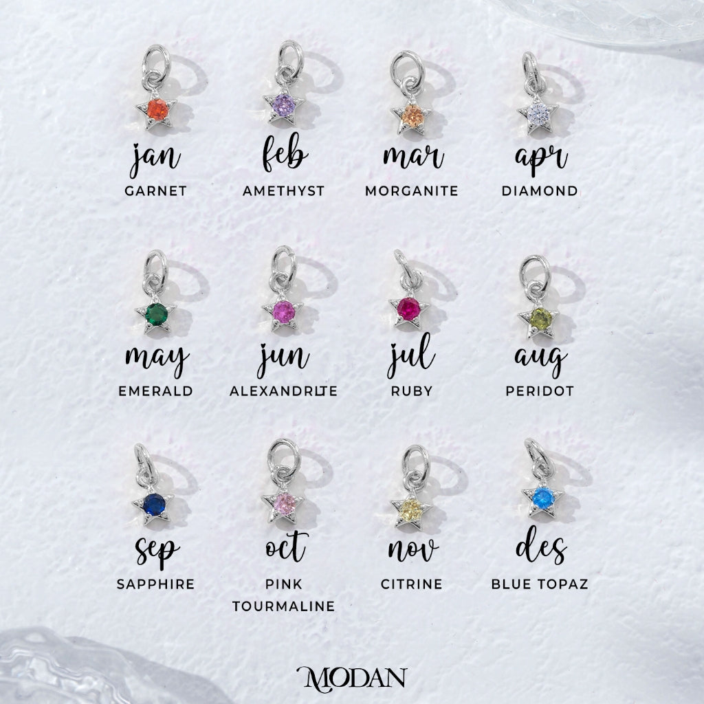 Tiny Round Star Birthstone Charm DIY Charm Liontin Kalung Bintang Kecil Bulan Lahir Warna-Warni Hypoallergenic Gold Filled