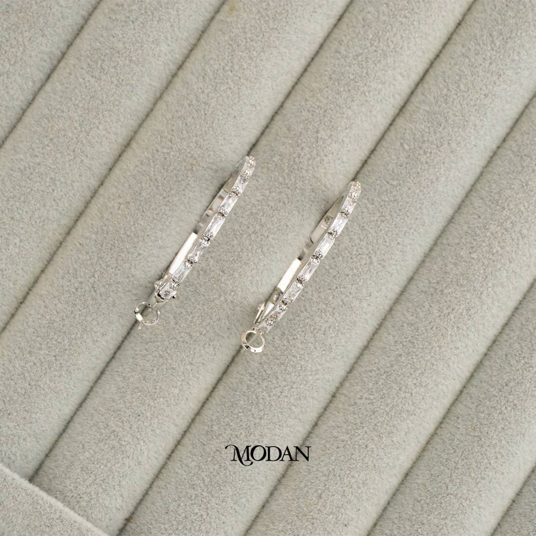 (35mm) Sparkling Baguette Zirconia Tennis Round Hoop Earrings Anting Elegan Hypoallergenic Gold Plated