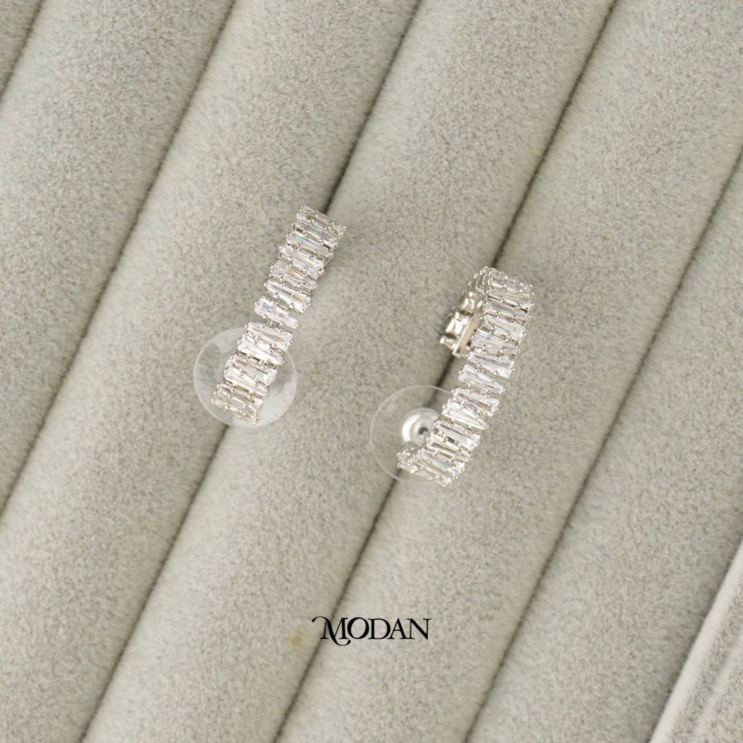 (25mm) Sparkling Baguette Round Open C Hoop Earrings Anting Elegan Hypoallergenic Gold Plated