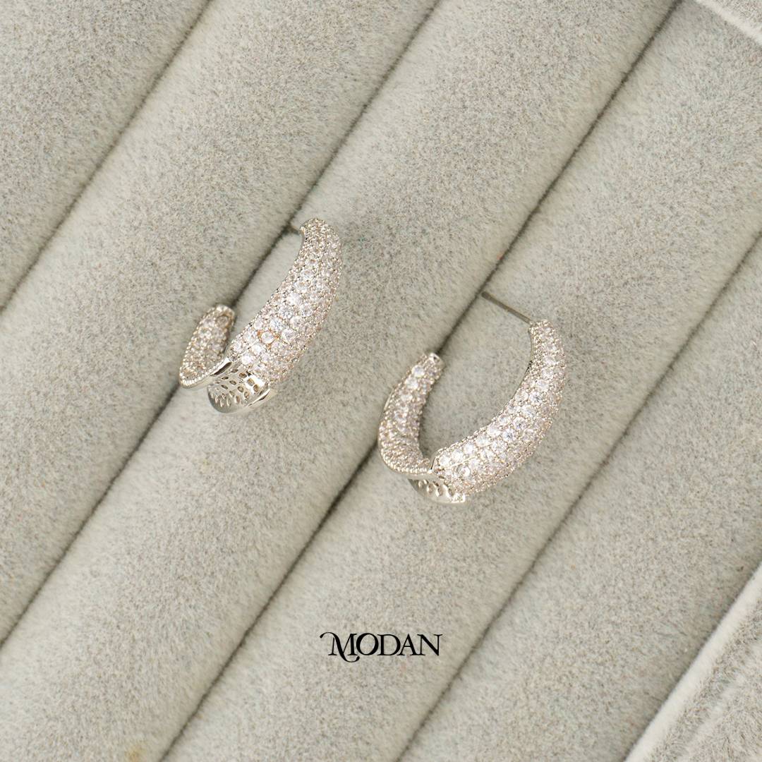 (22mm) Sparkling Micro Paved Zirconia C Hoop Earrings Anting Bulat Hypoallergenic Gold Plated