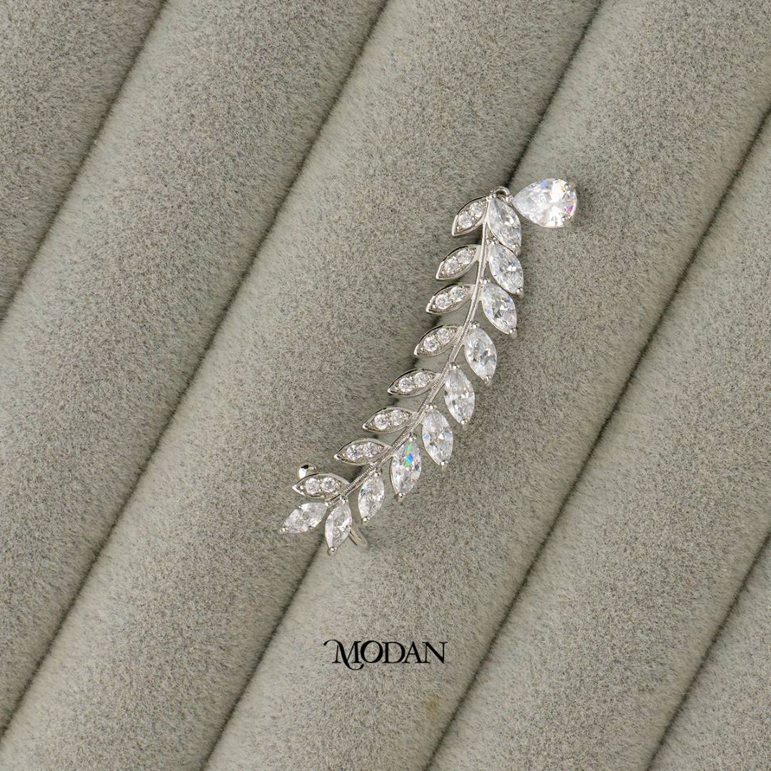 (42mm)(Right) Sparkling Marquise Leaf Zirconia Teardrop Dangle Earcuff Earring Hypoallergenic Gold Plated