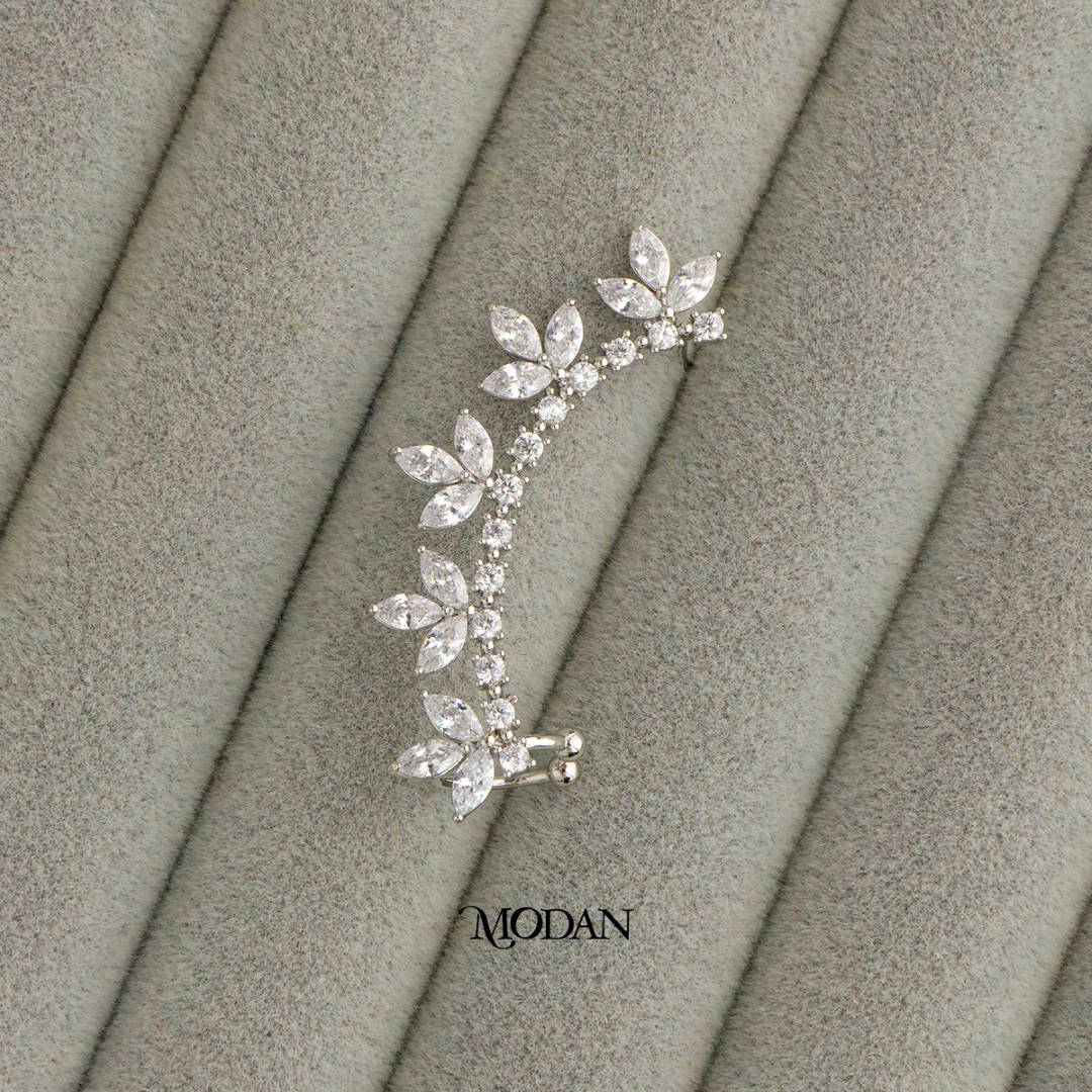(45mm)(Left) Sparkling Marquise Cut Zirconia Bridal Leaf Earcuff Earring Hypoallergenic Gold Plated
