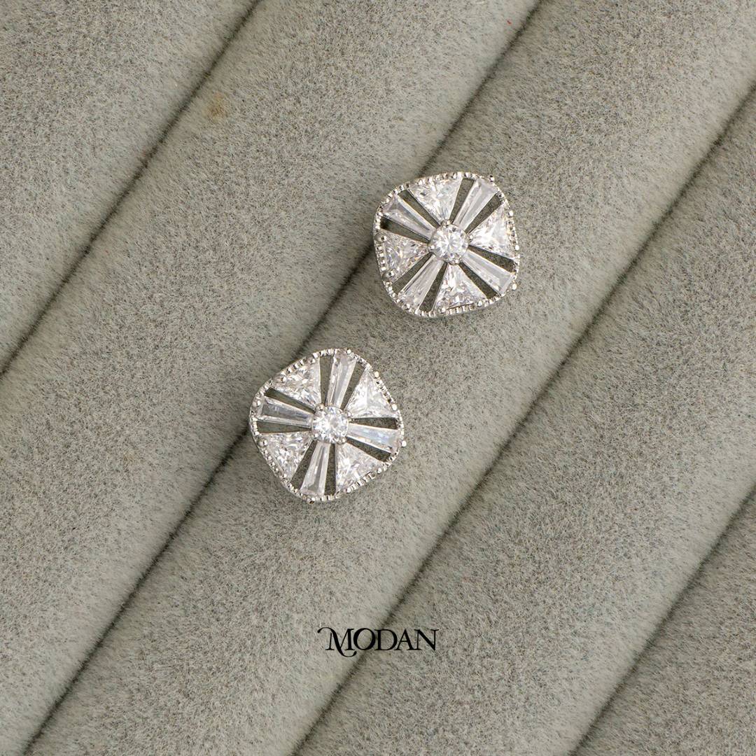 (13mm) Sparkling Zirconia Geometric Square Stud Earrings Anting Tusuk Persegi Hypoallergenic Gold Plated