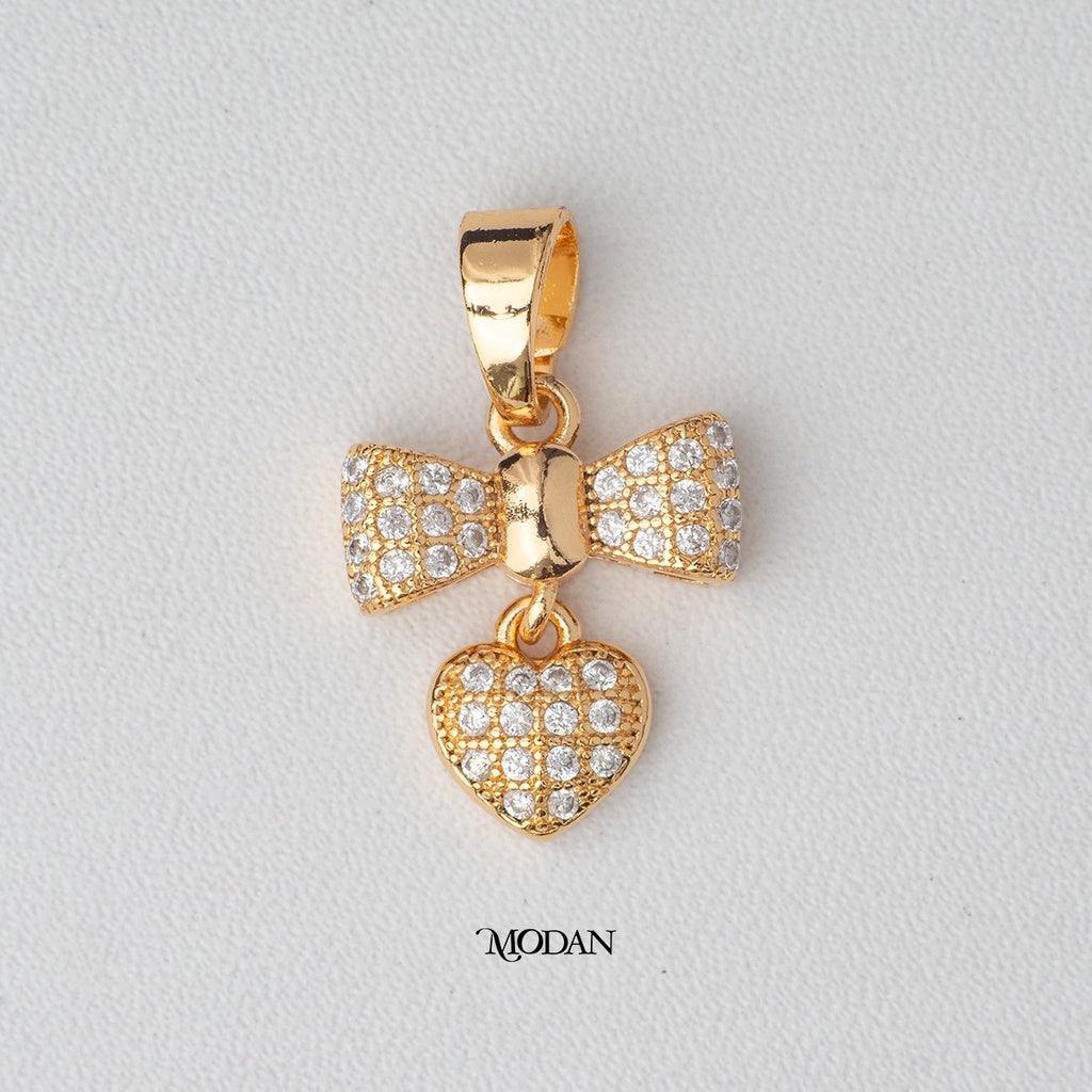 Cute Bow Ribbon Heart Dangle Pendant DIY Pendant Liontin Hati Cinta Pita Berlian Hypoallergenic Gold Plated