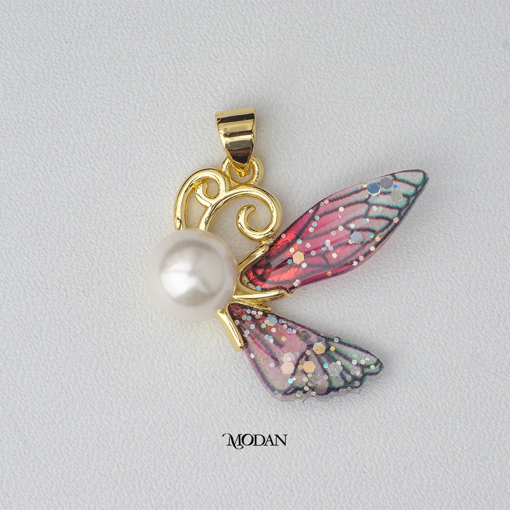 Gradient Pink Butterfly Pearl Pendant DIY Pendant Liontin Kupu - Kupu Hypoallergenic Gold Plated