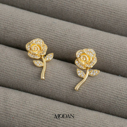 Micro Pave Rose Flower Stud Earrings Anting Tusuk Bunga Mawar Hypoallergenic Gold Plated
