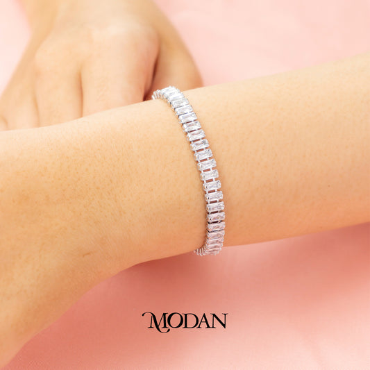 (17.5cm) Silver Clear Baguette Tennis Bracelet Gelang Fashion Hypoallergenic Gold Filled