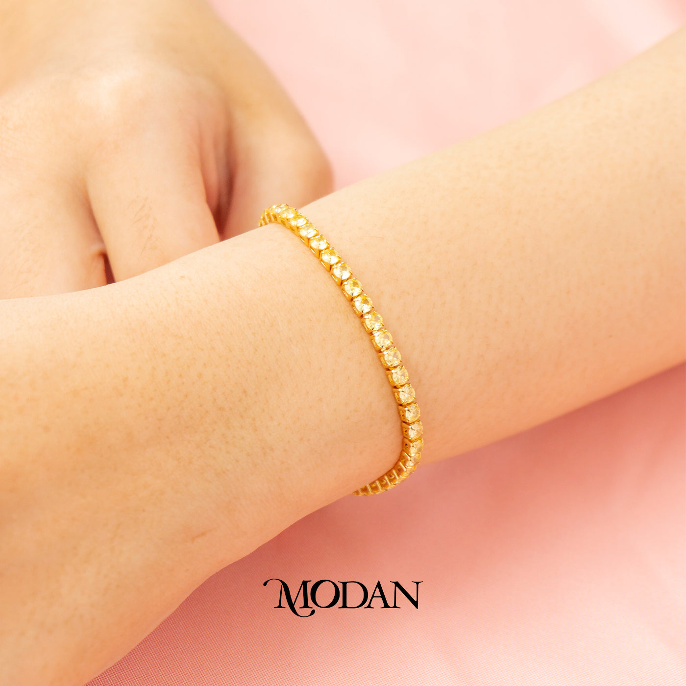 (18cm) Round Colorful Tennis Yellow Peach Bracelet with Extender Gelang Elegan Hypoallergenic Gold Filled