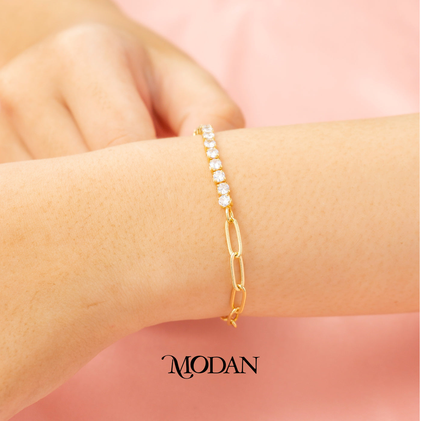 (17cm) Round Clear Zirconia Paperclip Tennis Bracelet with Extender Gelang Pesta Elegan Hypoallergenic Gold Filled