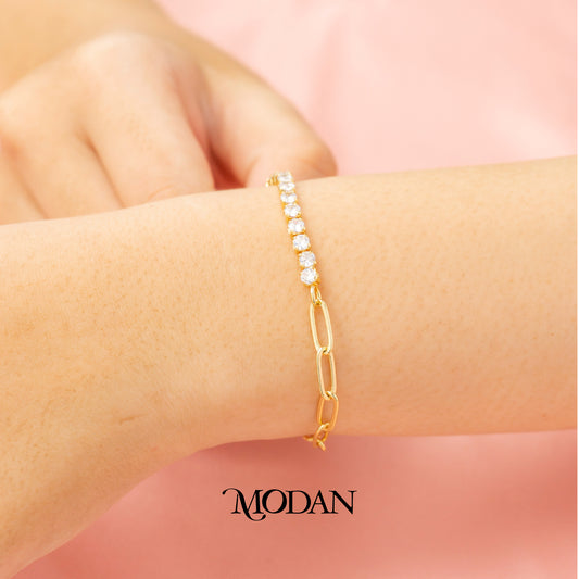 (17cm) Round Clear Zirconia Paperclip Tennis Bracelet with Extender Gelang Pesta Elegan Hypoallergenic Gold Filled