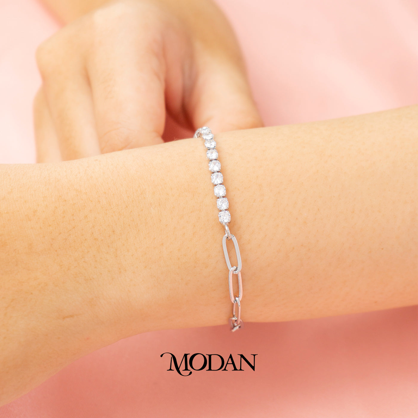 (17cm) Round Clear Zirconia Paperclip Tennis Bracelet with Extender Gelang Pesta Elegan Hypoallergenic Gold Filled