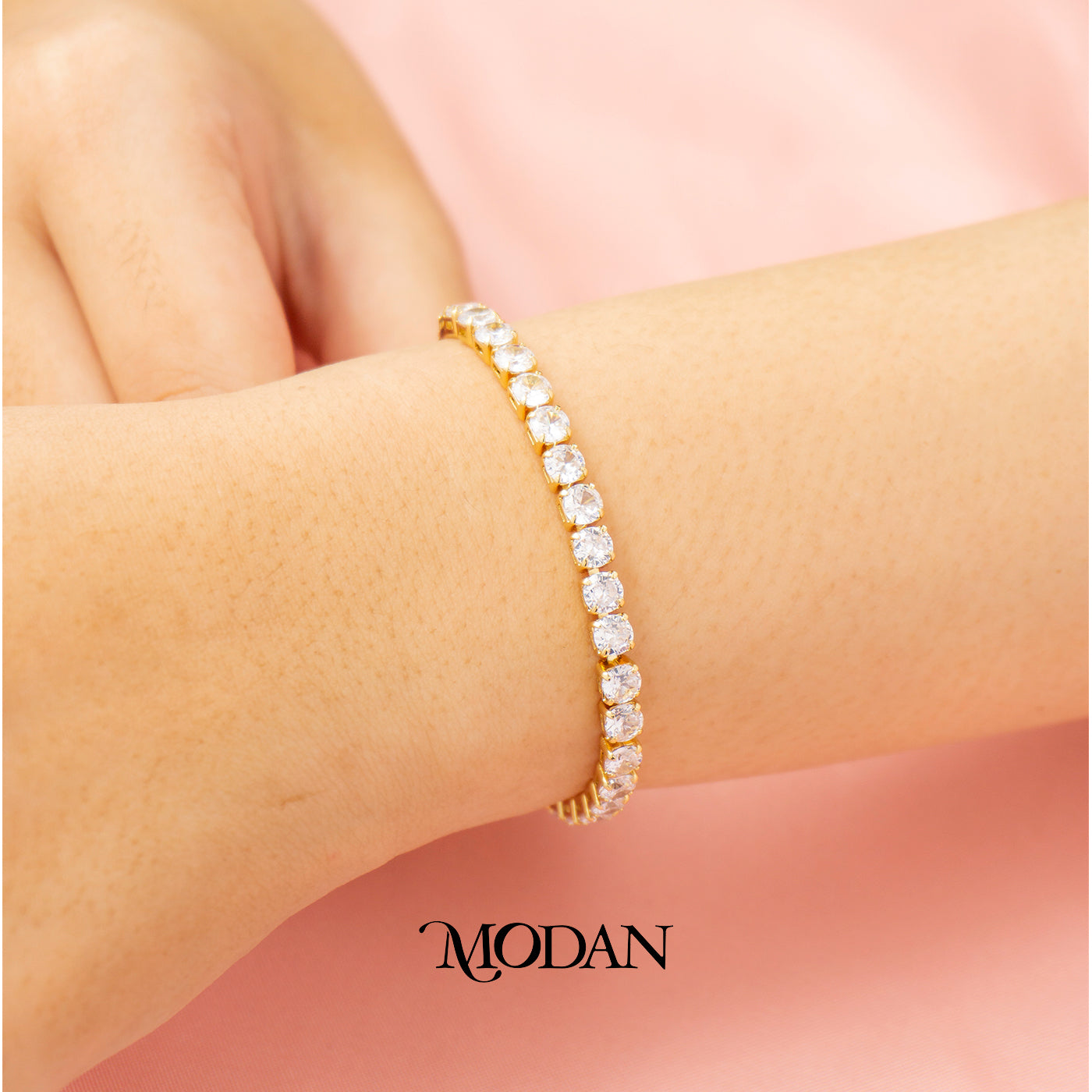 (15cm) Round Clear Zirconia Tennis Bracelet with Extender Gelang Pesta Elegan Hypoallergenic Gold Filled