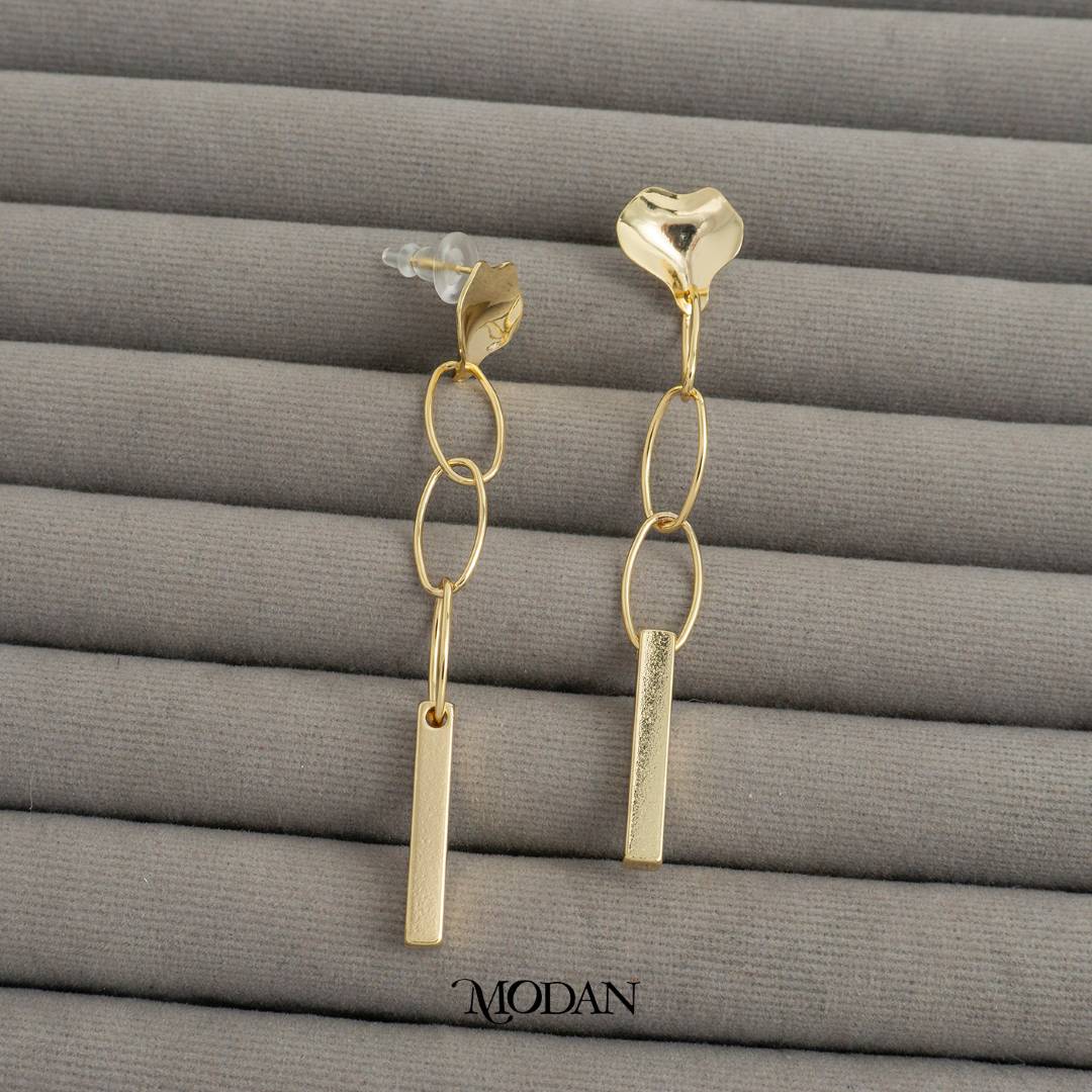 Molten Heart Double Link Rectangular Bar Drop Stud Earrings Anting Tusuk Gantung Hypoallergenic Gold Plated