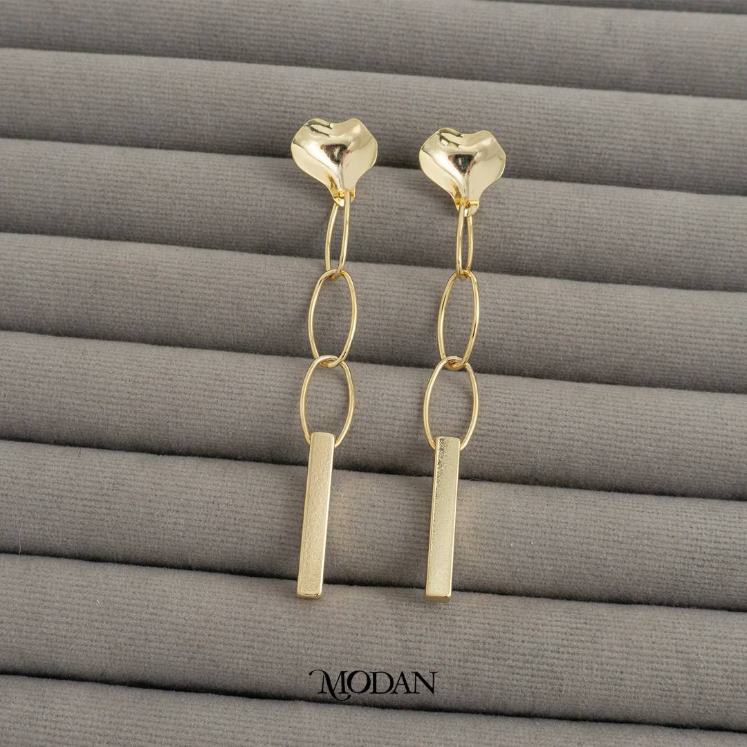 Molten Heart Double Link Rectangular Bar Drop Stud Earrings Anting Tusuk Gantung Hypoallergenic Gold Plated