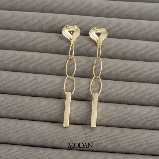 Molten Heart Double Link Rectangular Bar Drop Stud Earrings Anting Tusuk Gantung Hypoallergenic Gold Plated