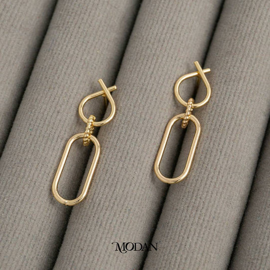 Geometric Paperclip Link Drop Stud Earrings Anting Tusuk Gantung Hypoallergenic Gold Plated