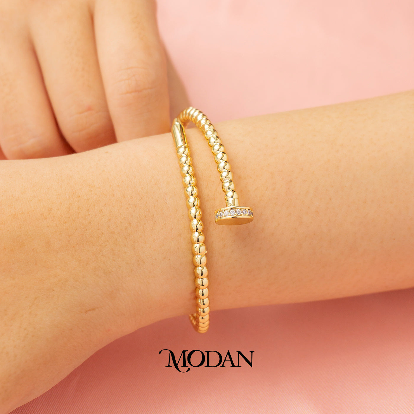 (6.5cm) Micro Paved Nail Chain Cuff Bracelet Gelang Kaku Bentuk Paku Hypoallergenic Gold Filled