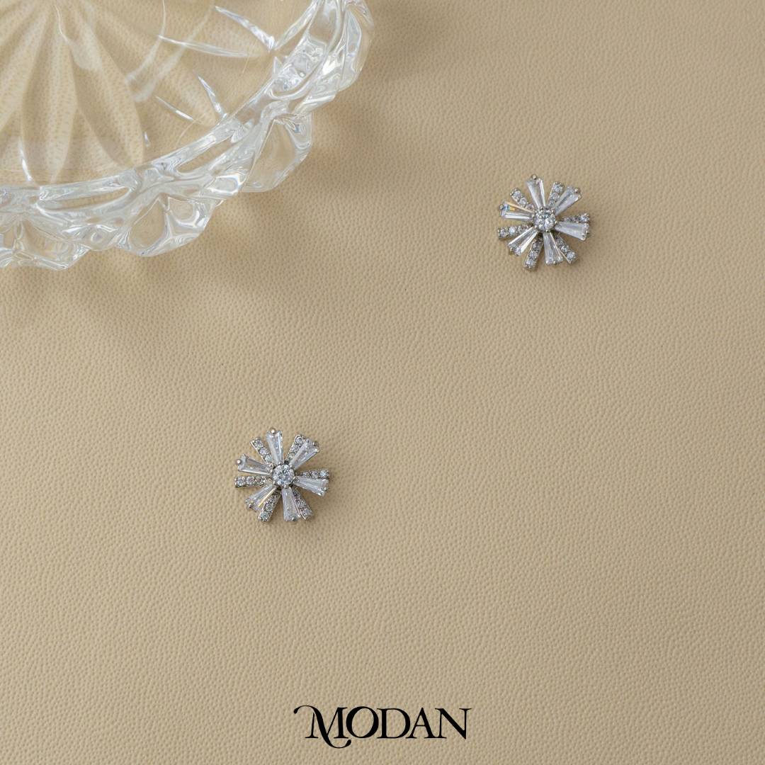 Rotating Baguette Flower Stud Earrings Anting Tusuk Putar Bunga Kecil Dua Layer Hypoallergenic Gold Plated
