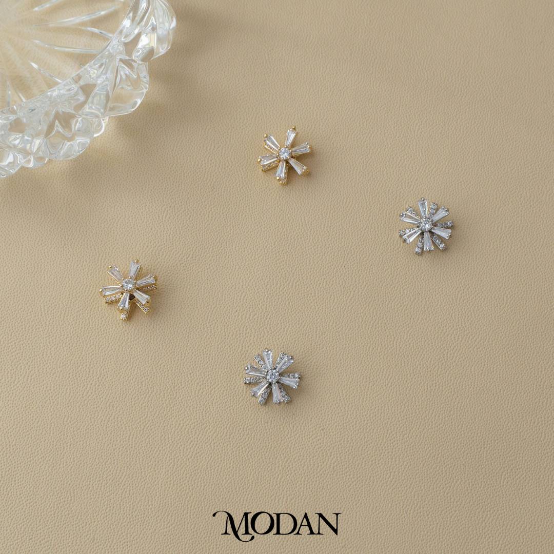Rotating Baguette Flower Stud Earrings Anting Tusuk Putar Bunga Kecil Dua Layer Hypoallergenic Gold Plated