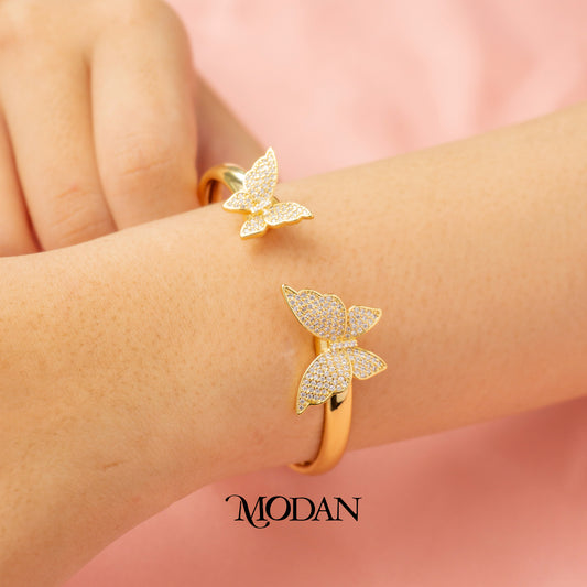 (6cm) Sparkling Double Micro Paved Butterfly Cuff Bracelet Gelang Kupu Kupu Hypoallergenic Gold Filled